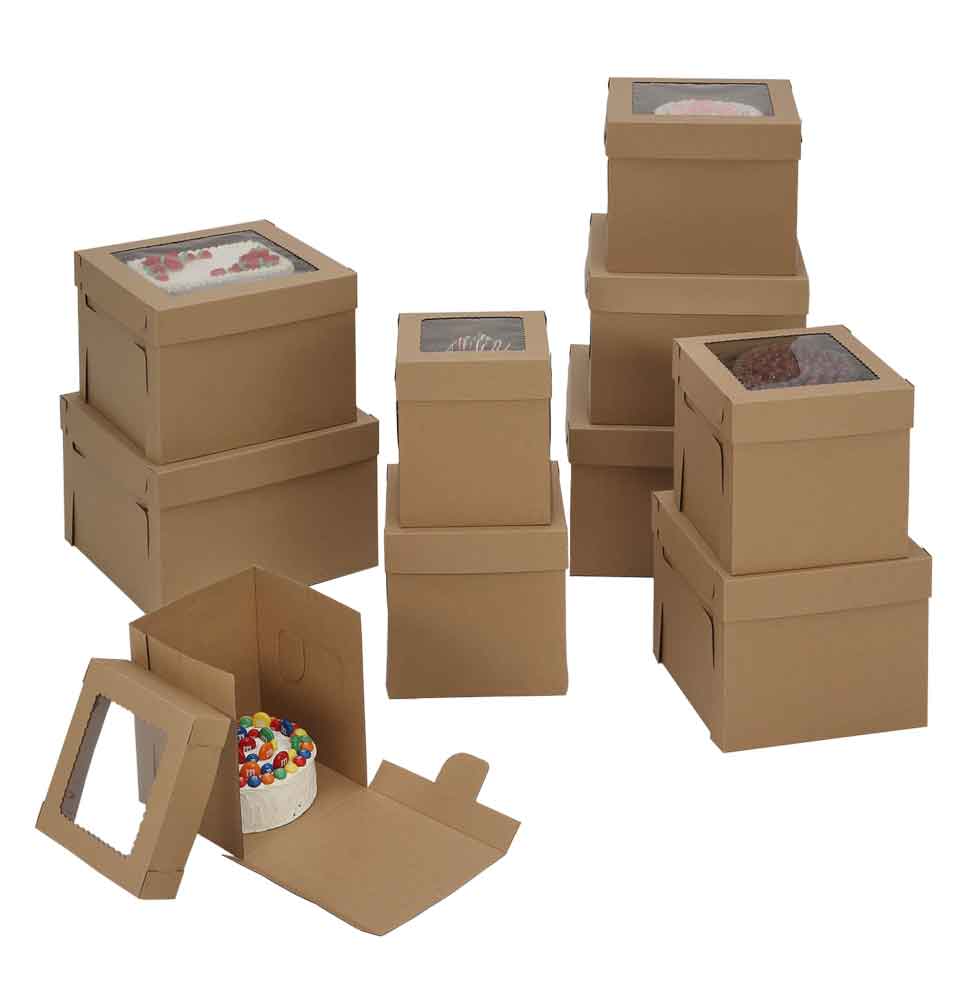 W-PACKAGING-Kraft-Kraft-Cake-Boxes-with-Window-E-Flute-12"-Deep - Bakery Packaging - Baker's Buddy Supplies