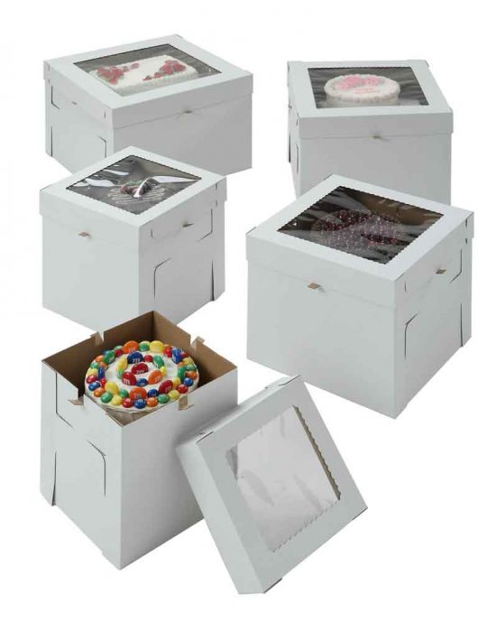 W-PACKAGING-White-Kraft-Cake-Boxes-with-Window-E-Flute-12"-Deep - Bakery Packaging - Baker's Buddy Supplies